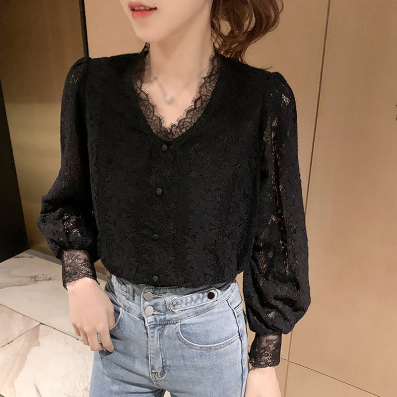 Áo Kiểu Tay Dài Cổ Chữ V Phối Ren Quyến Rũ Thời Trang Cho Nữ