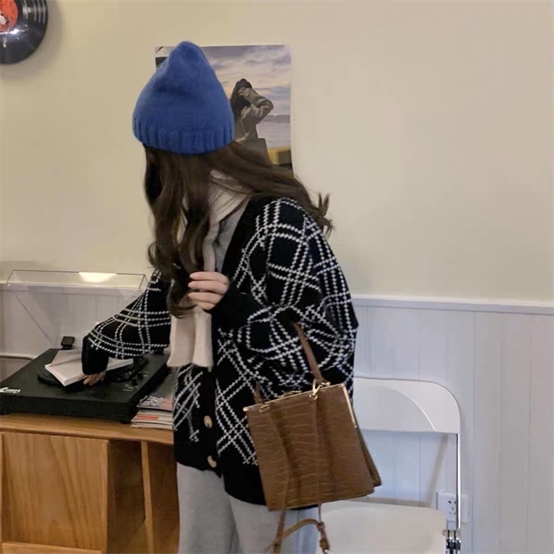 Áo Khoác Cadigan Len Kẻ Trám Đen Trắng Quảng Châu Loại 1 (hình thật) Áo Khoác Thu Đông Korea Style