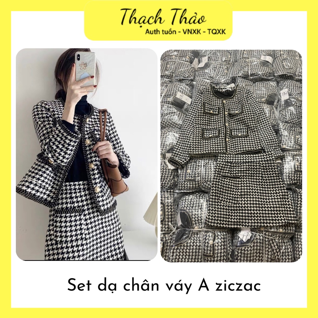 set dạ kẻ ziczac thiết kế áo dài tay cúc ngọc dáng croptop kèm chân váy chữ A 2 lớp cho nữ