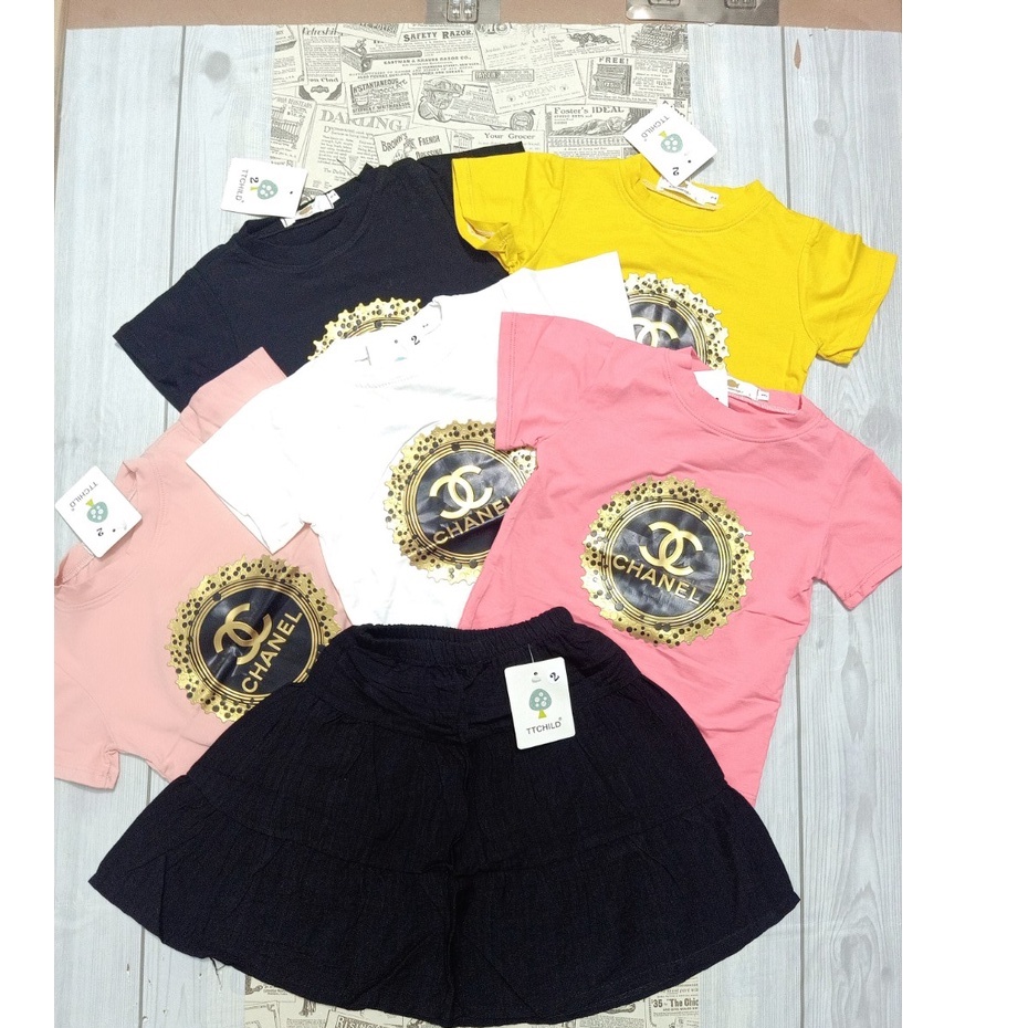 Set váy bé gái, Set chân váy kèm áo thun cotton họa tiết Chanel