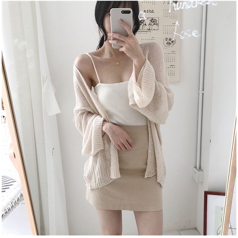 Áo khoác len Cardigan 4 màu mix áo hai dây đũi cổ tim Hottrend (Combo 2 áo) - CM Shop