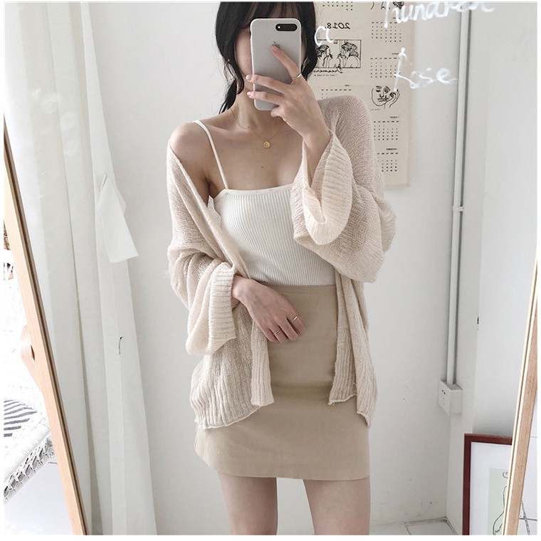 Áo khoác len Cardigan 4 màu mix áo hai dây đũi cổ tim Hottrend (Combo 2 áo) - CM Shop