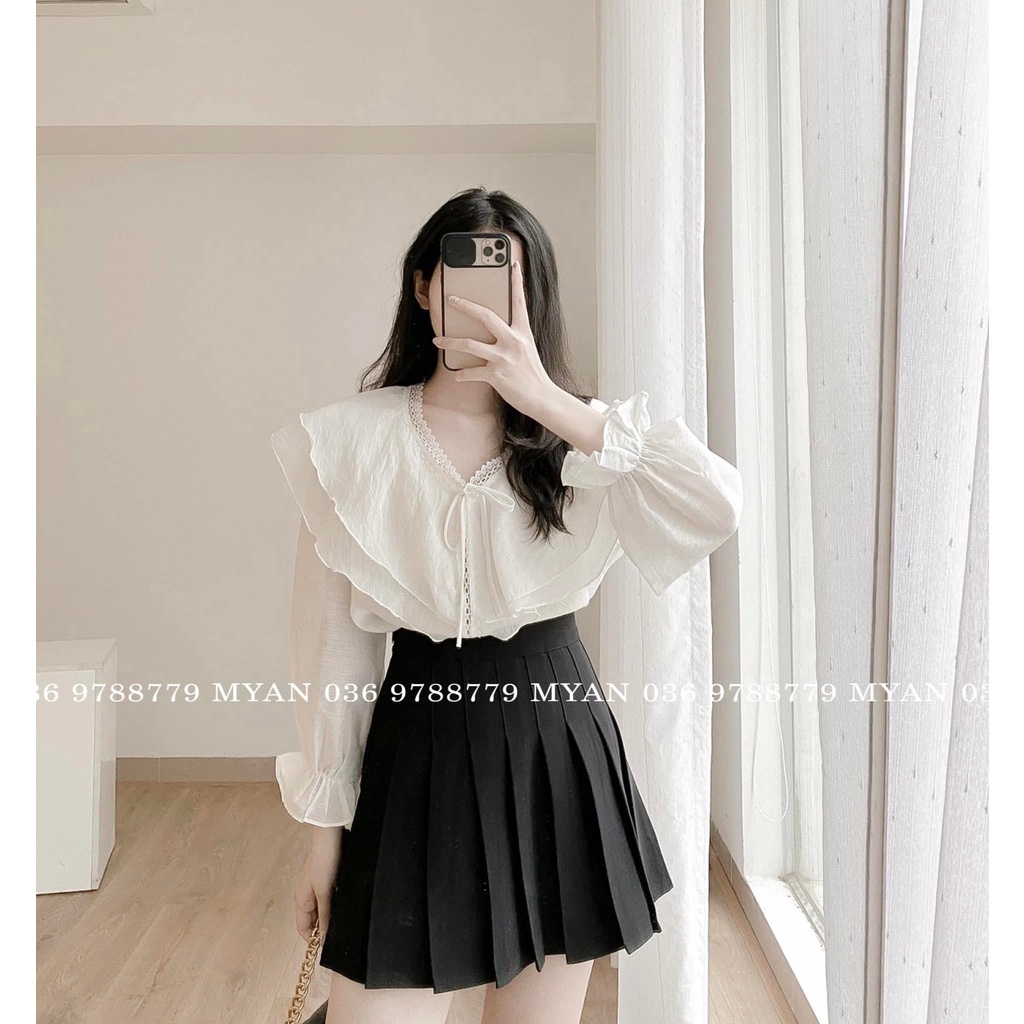 Áo tơ cổ tim phối ren, bèo cổ 2 lớp AVN022203