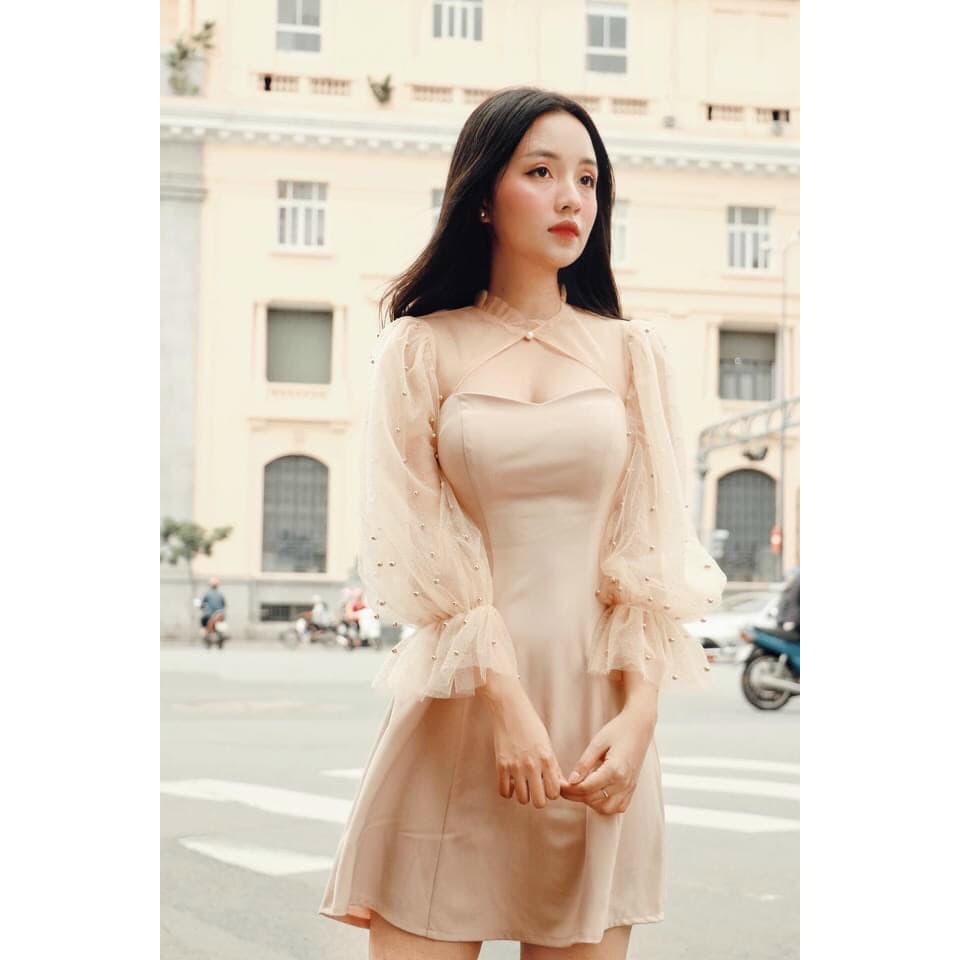 [Mã WASTMAY giảm 15% tối đa 30K đơn 150K] Đầm nữ tay dài phối lưới cổ tàu thời trang dự tiệc dạo phố ( có mút ngực ) | BigBuy360 - bigbuy360.vn