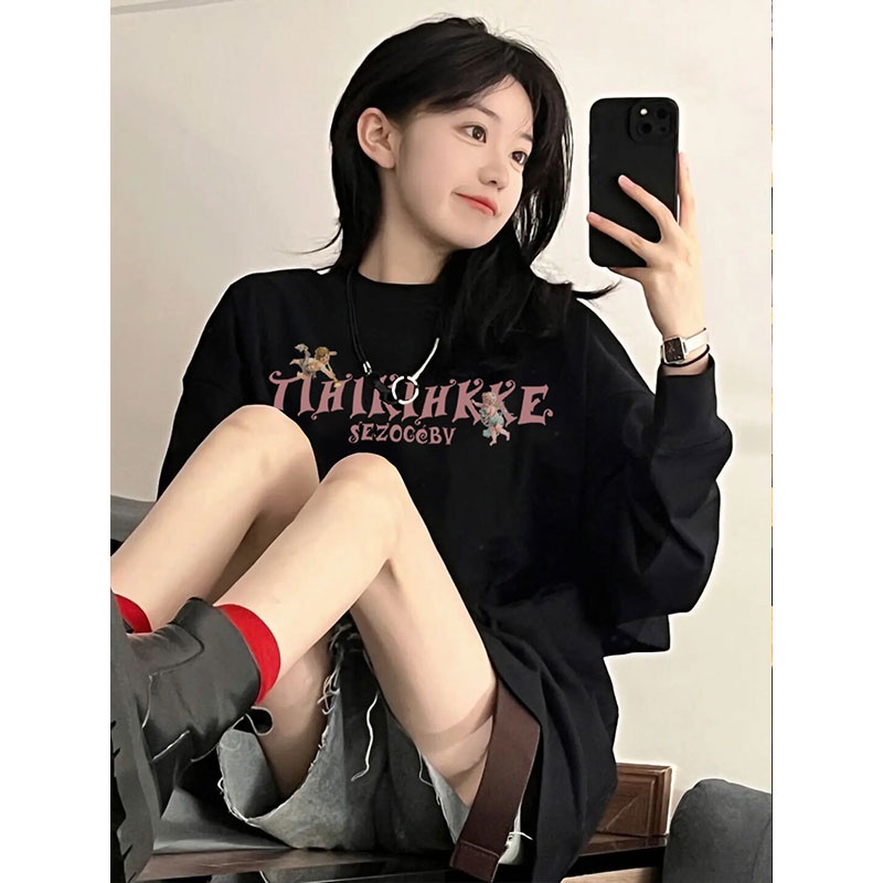 SELVZE Áo sweater cổ tròn dáng rộng in họa tiết phong cách Mỹ đường phố cá tính thời trang dành cho nữ