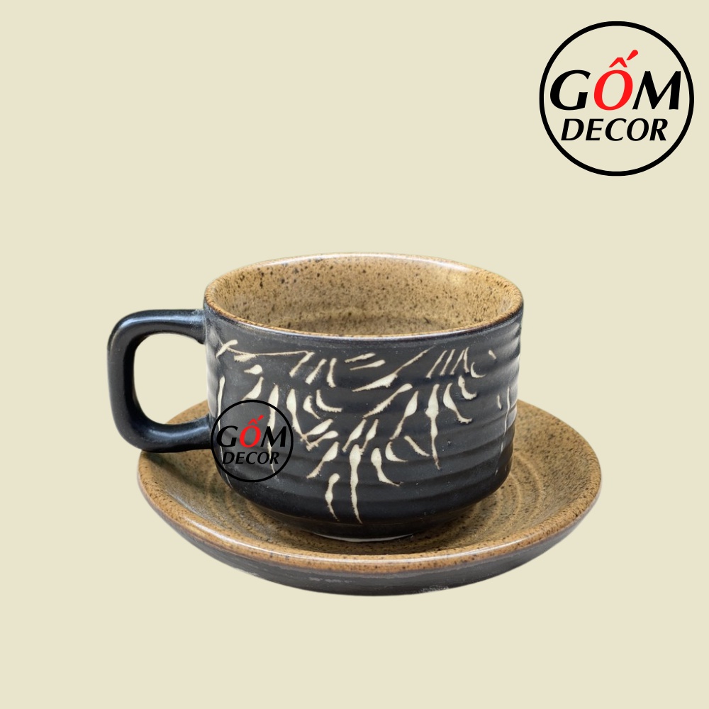 Tách cafe, ly cà phê nóng giả vuốt kèm đĩa - Bát Tràng cao cấp