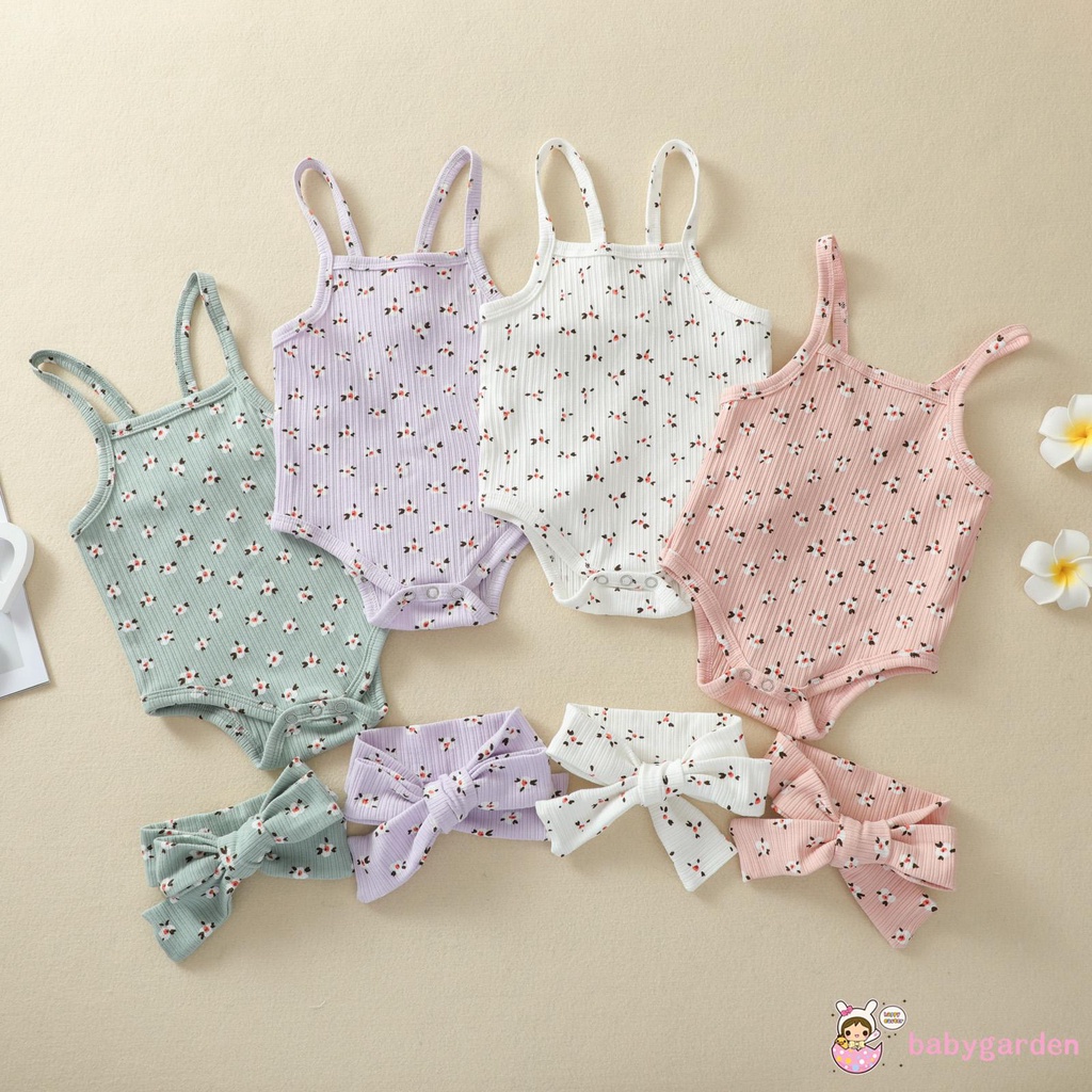 Áo Liền Quần Không Tay In Hoa Kèm Băng Đô Cho Bé Gái