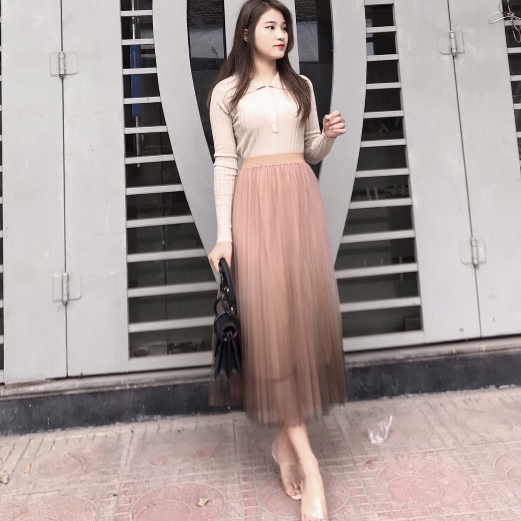 Chân váy loang dài ren 3 lớp cao cấp CV035 màu nâu, ghi xanh