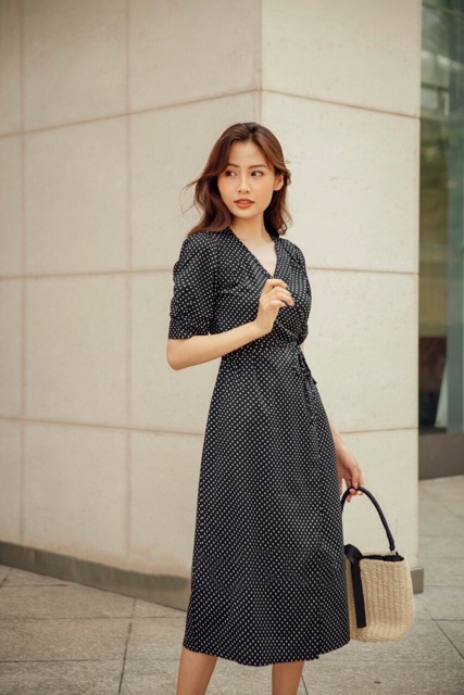 Đầm Maxi Đắp Tà Chấm Bi đỏ đen xt ( kèm clip)