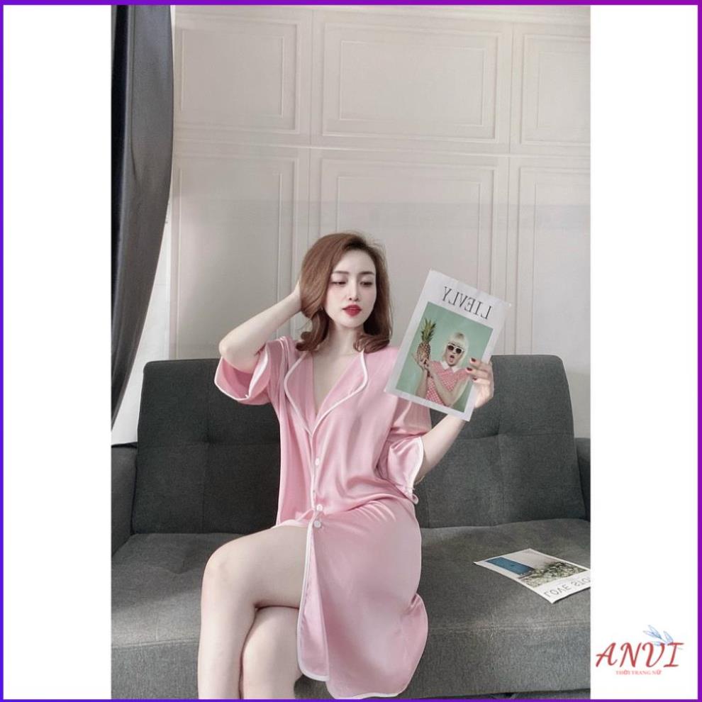 Đầm Ngủ Lụa ANVI,Váy Mặc Nhà Tay Lở Dáng Suông Sơ Mi Vải Mát Ít Nhăn Dưới 75kg Nhiều Màu Viền Trắng . | BigBuy360 - bigbuy360.vn