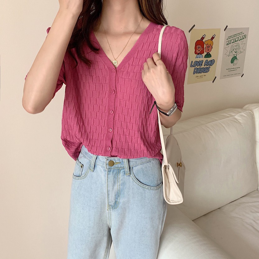 Áo Dệt Kim Tay Ngắn Cổ Chữ V Dáng Rộng Phong Cách Thời Trang Hàn Quốc Dành Cho Nữ | BigBuy360 - bigbuy360.vn