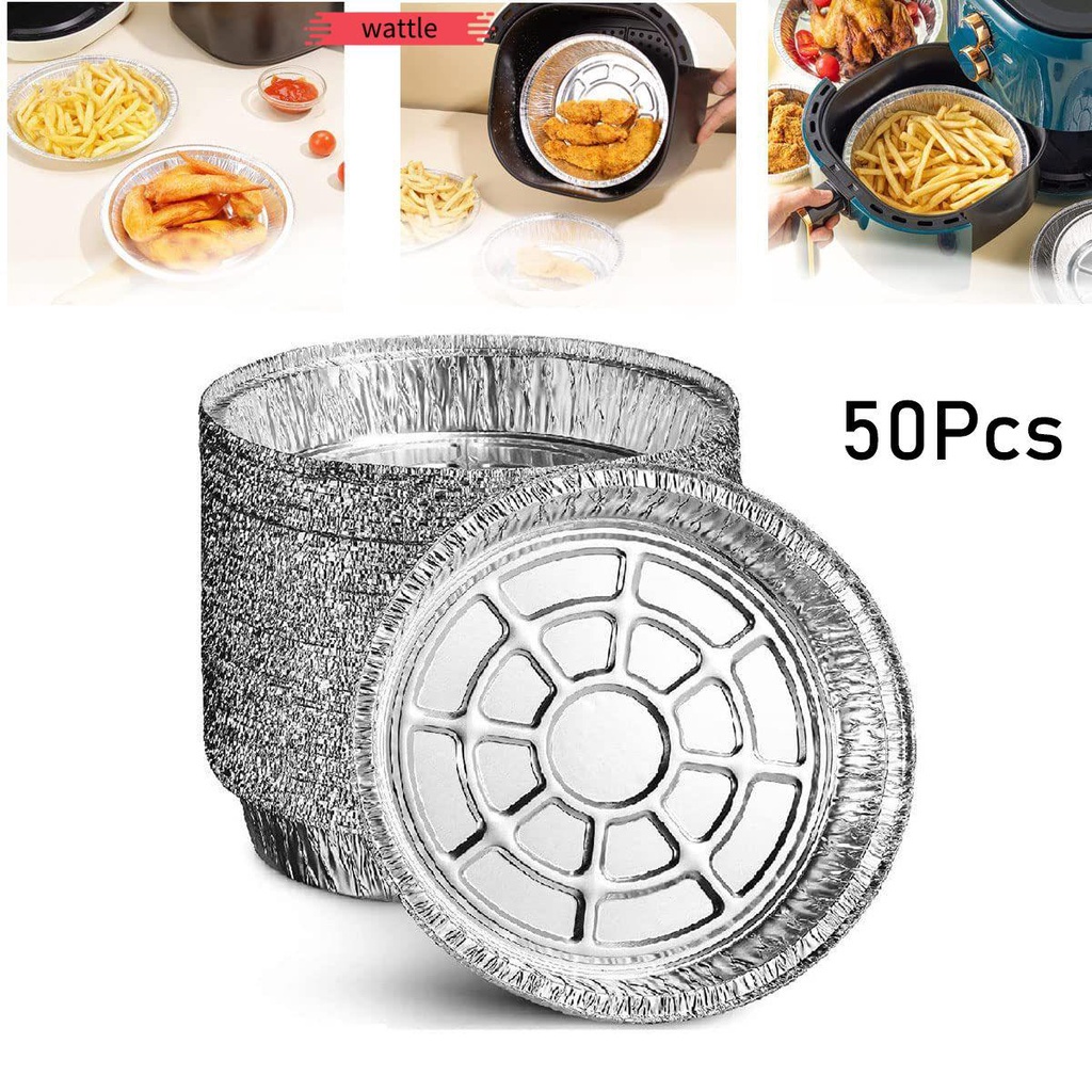 Bộ 50 khay lá nhôm lót nồi chiên không dầu làm bánh/làm món nướng chống dính hình tròn dùng một lần