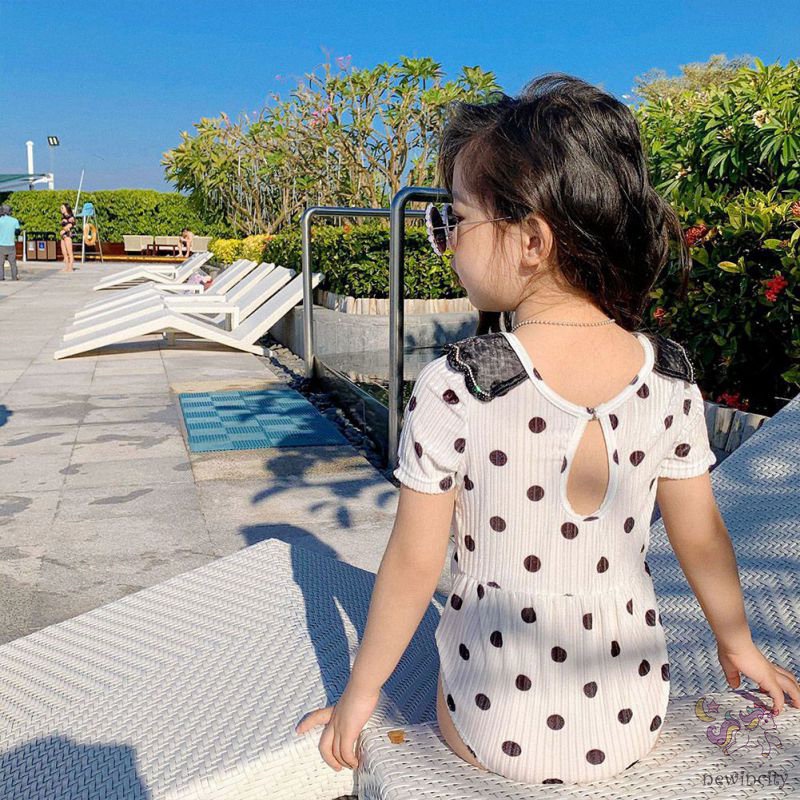 Bộ Đồ Bơi Cổ Búp Bê Kèm Mũ Họa Tiết Chấm Bi Phong Cách Hàn Quốc Cho Bé Gái