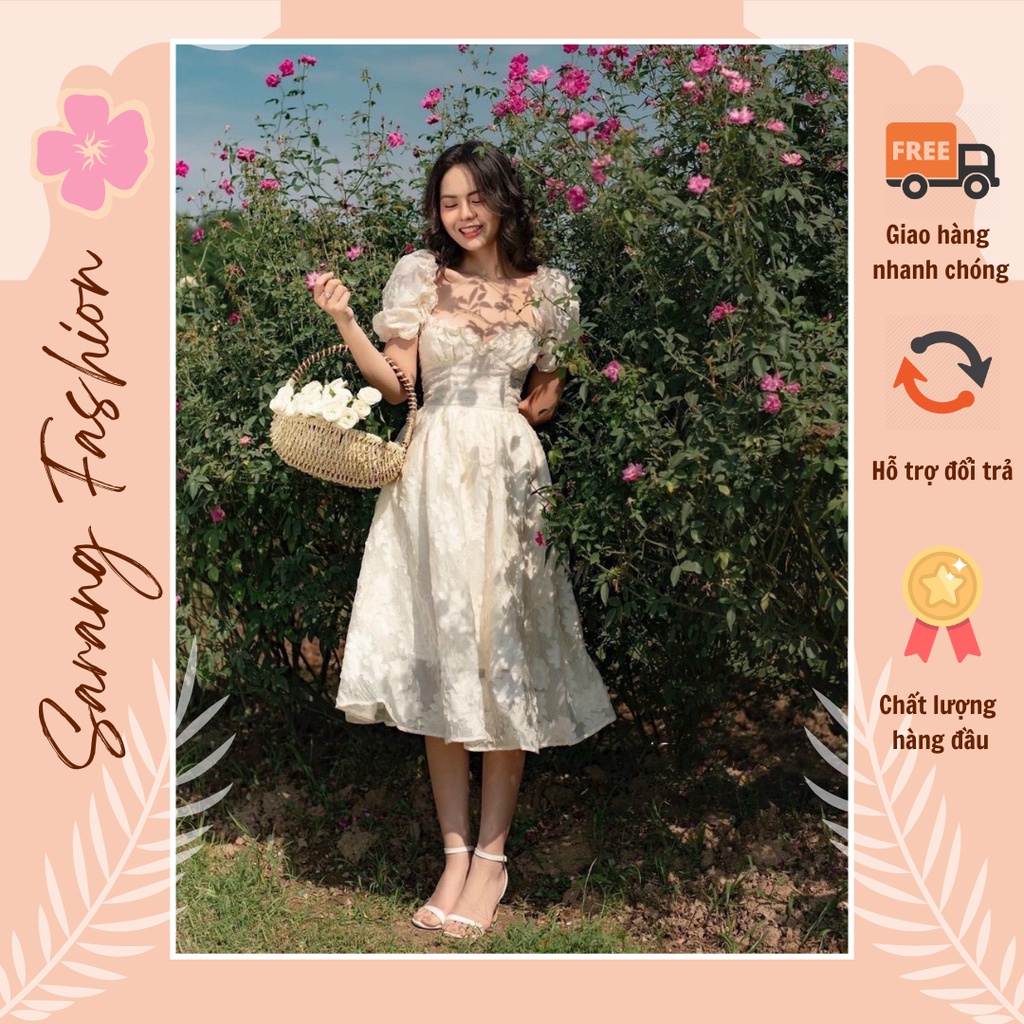 Váy trắng, đầm dáng dài, đầm trắng tiểu thư, tay phồng dành cho dự tiệc, kỷ yếu