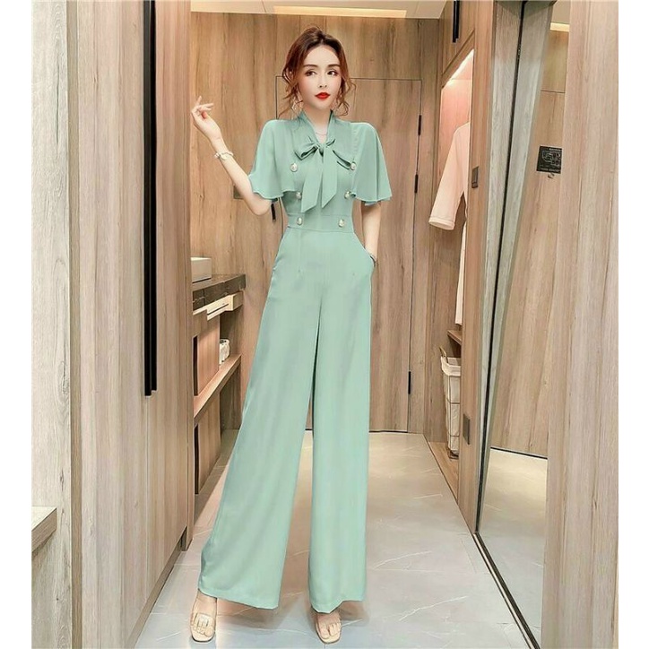 Hàng nhập - Jumpsuit dài ống rộng tay cánh tiên, bộ jum đồ bay lụa phối voan