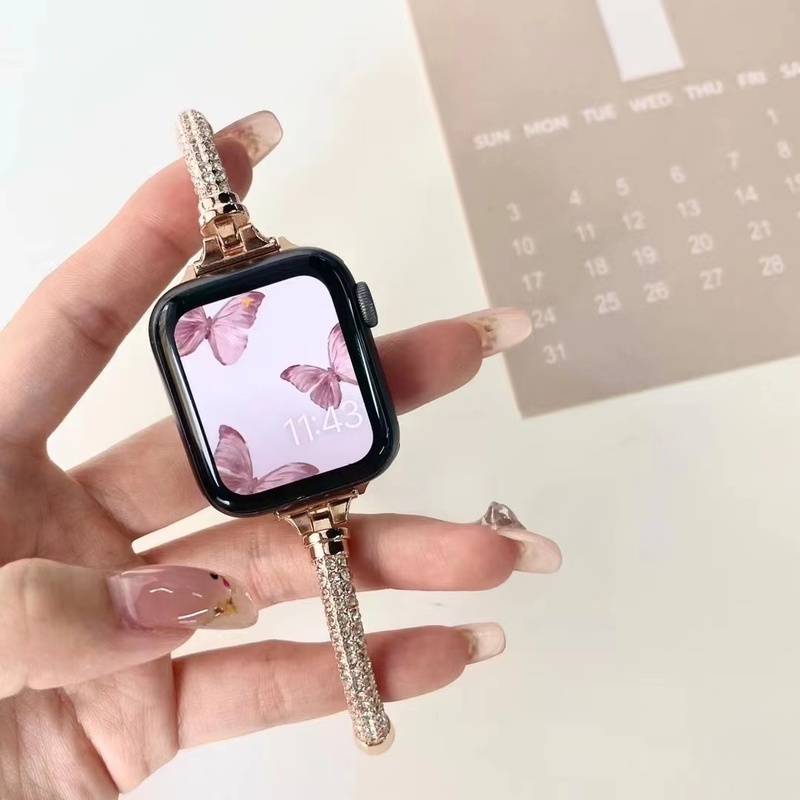 Dây Đeo Đồng Hồ Bằng Thép Không Gỉ Đính Kim Cương Giả 40mm 44mm 41mm 45mm Cho iWatch 7 6 SE 5 4 3