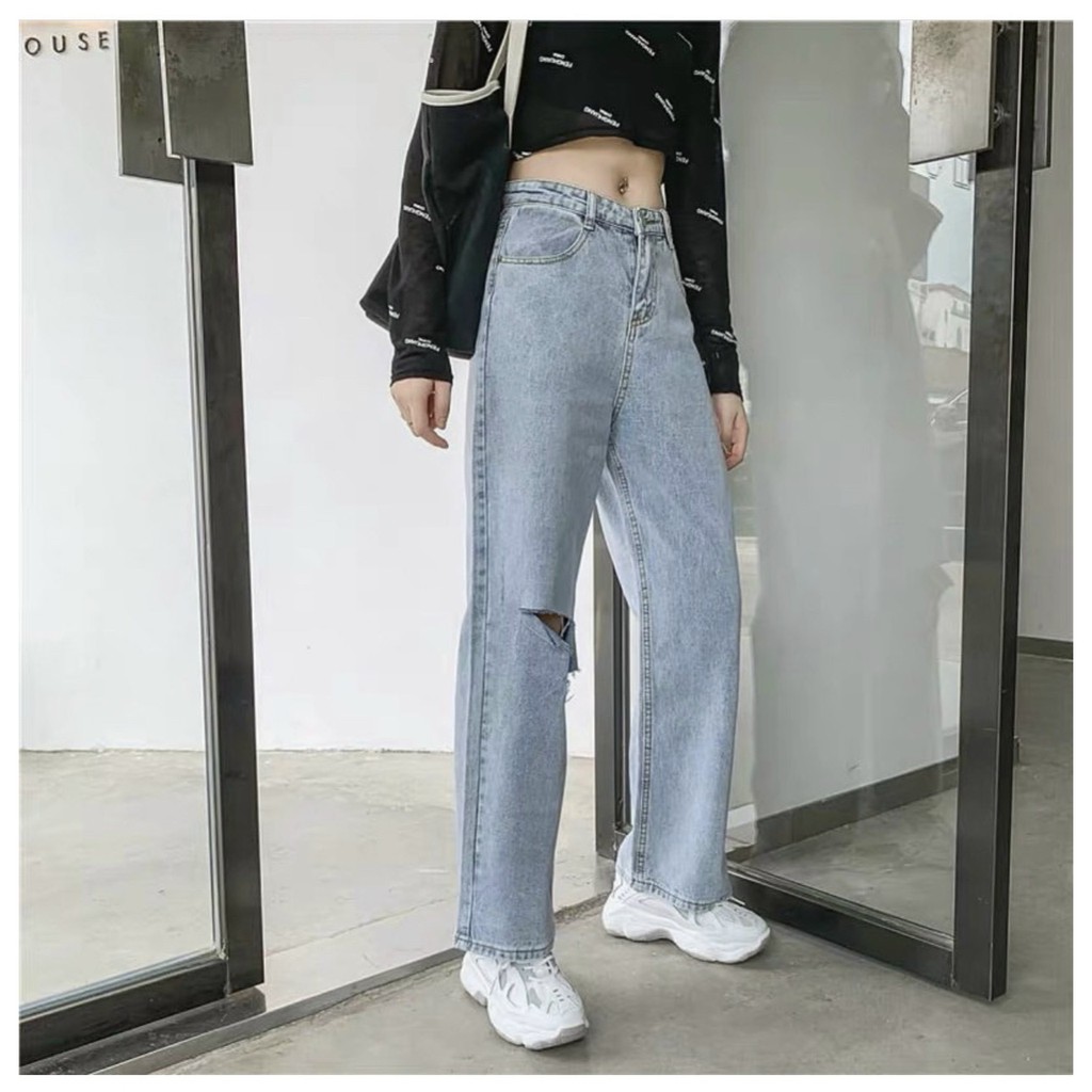 Quần jeans suông rách gối cạp cao đủ size S-M-L