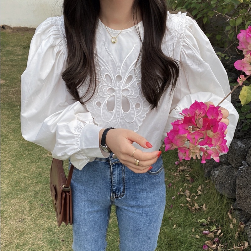 Áo sơ mi trắng kiểu cổ ren tay bồng tiểu thư phong cách Hàn Quốc ulzzang