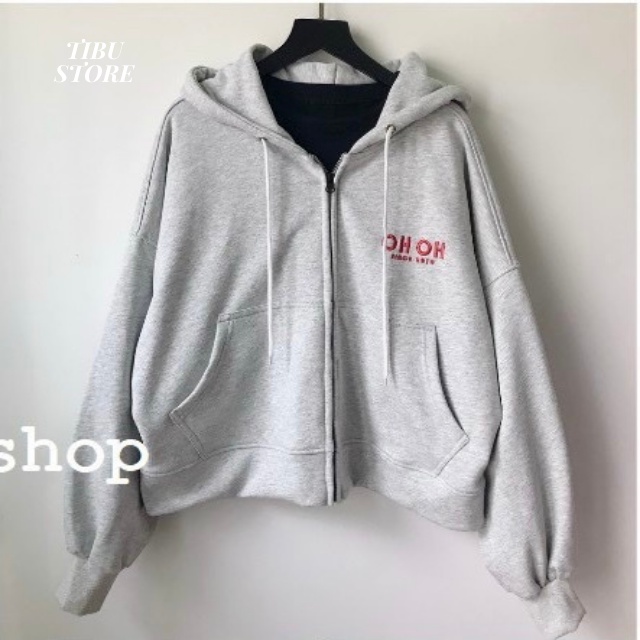 Áo Khoác Hoodie Nỉ OH.OH, Áo khoác nữ form rộng 2 màu trắng xám tay phồng Ulzzang Unisex TIBU