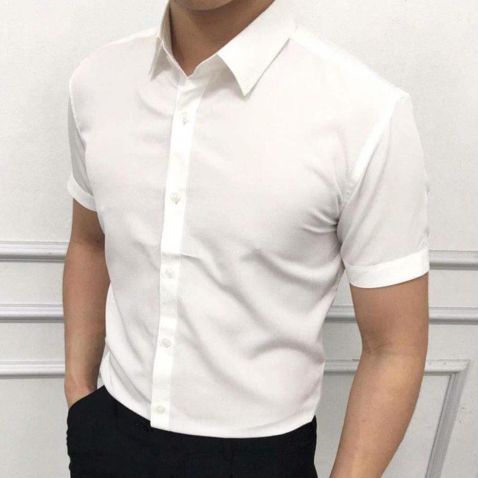 Áo sơ mi nam ngắn tay lụa trắng công sở cao cấp Hamino cộc tay lỡ chất lụa mềm mại thoải mái form slimfit thời trang *