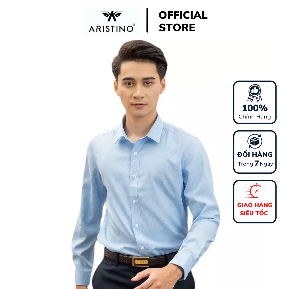 Áo sơ mi nam dài tay ARISTINO ALS26109 công sở vải sợi tre cao cấp màu xanh sược trắng in họa tiết dáng ôm tà lượn
