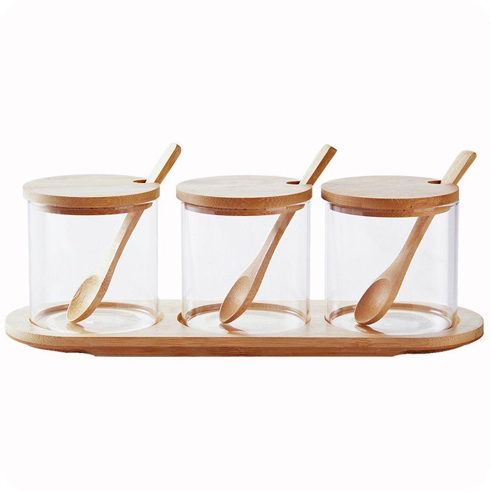 Bộ 3 Hũ Đựng Gia Vị Kèm Muỗng Gỗ Tiện Dụng Cho Nhà Bếp