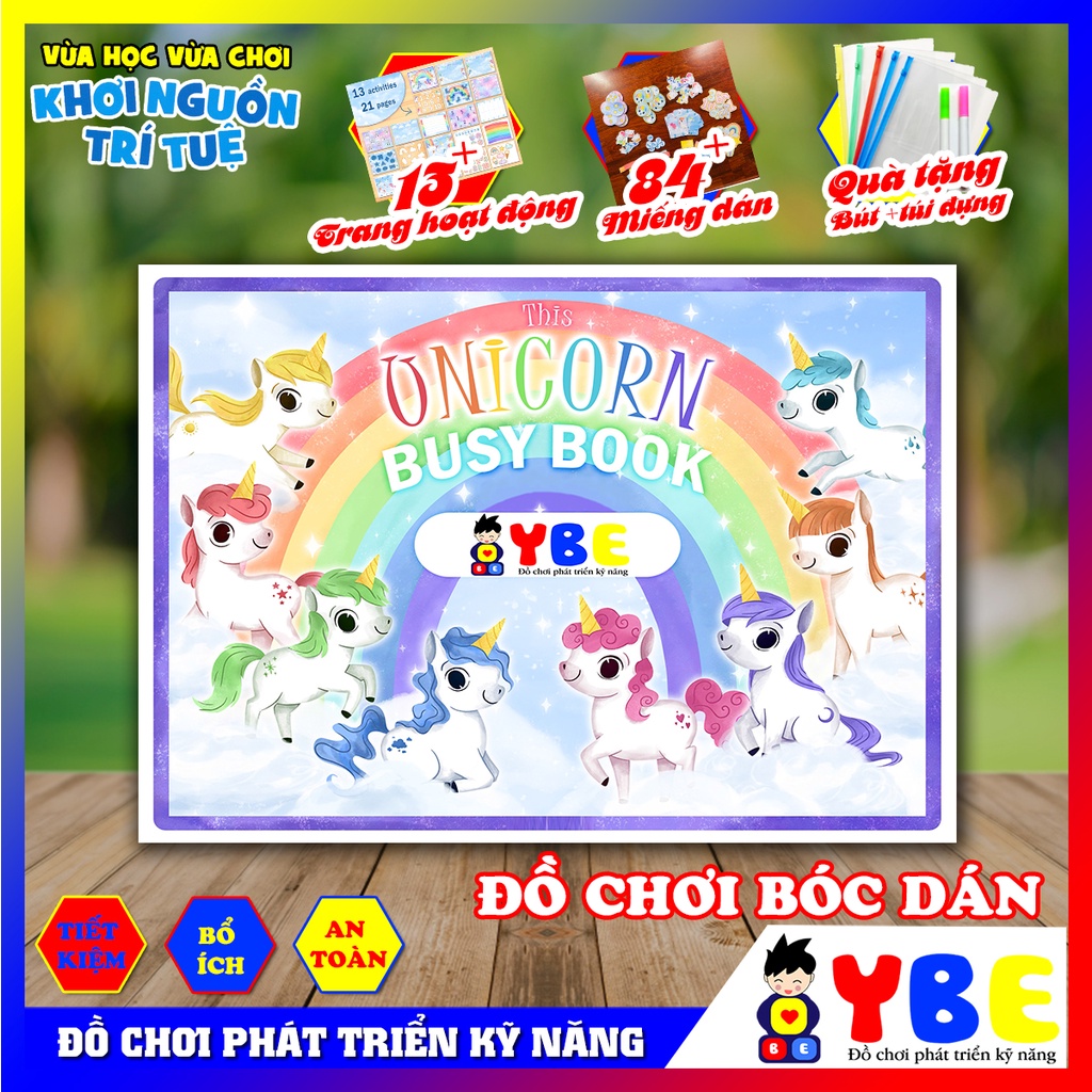 Bộ đồ chơi học liệu bóc dán Montessori chủ đề Kỳ lân Unicorn busy book vừa chơi vừa học giúp bé phát triển kỹ năng