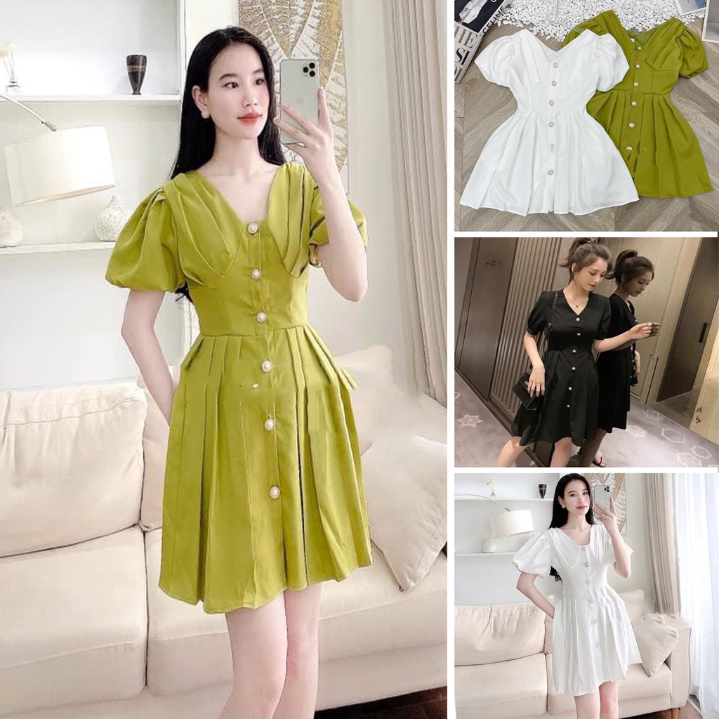 Váy dự tiệc sang chảnh cúc ngọc tay bồng dáng xòe TH387