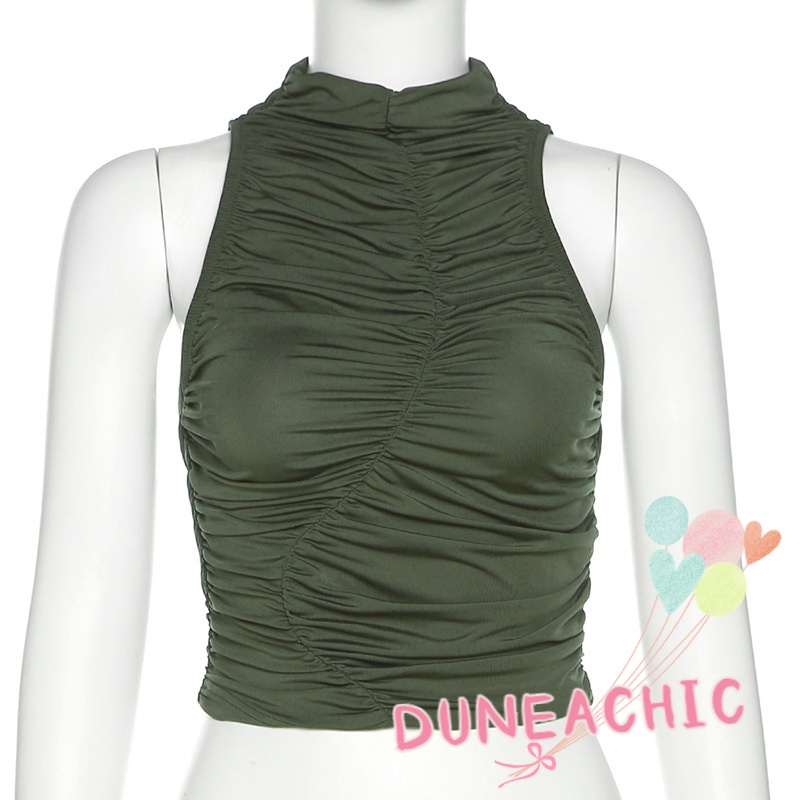 DUNEA Áo tank top cổ tròn xếp ly thời trang đường phố cá tính dành cho nữ