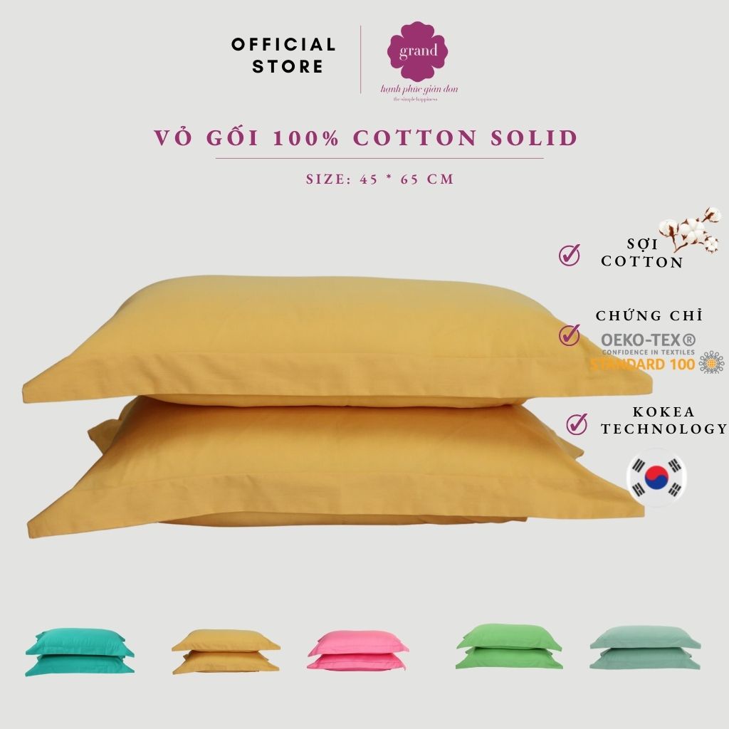 Cặp 2 vỏ gối Cotton GRAND, đóng gói Bao bì, Thấm hút, Sợi mịn nhỏ cao cấp, 45*65 cm, Màu vàng đậm