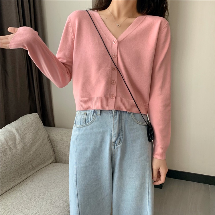 Áo khoác cardigan cổ chữ v tay dài màu sắc trẻ trung phong cách hàn quốc