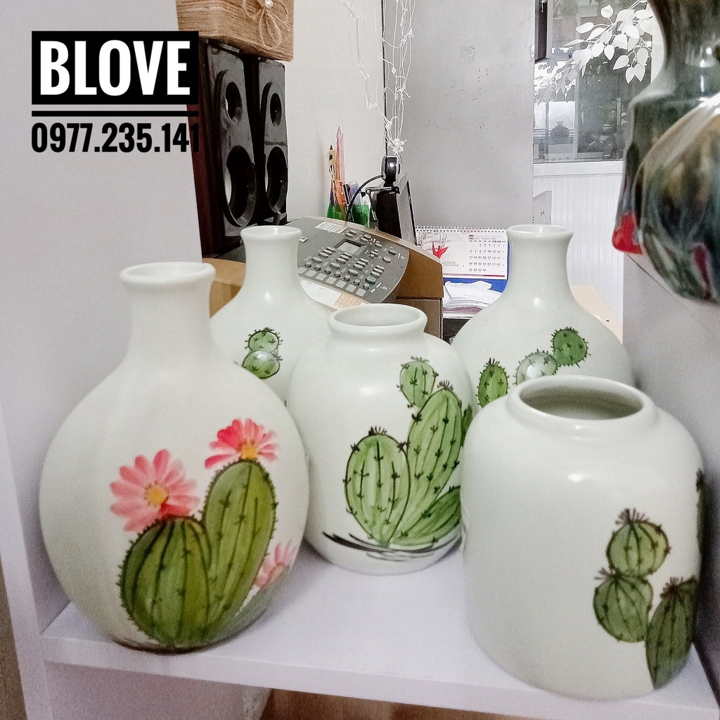 Quà tặng bạn gái, Bình hoa vẽ tay thủ công hình xương rồng,Gốm sứ bát tràng cao cấp,Trang trí nhà cửa,decor