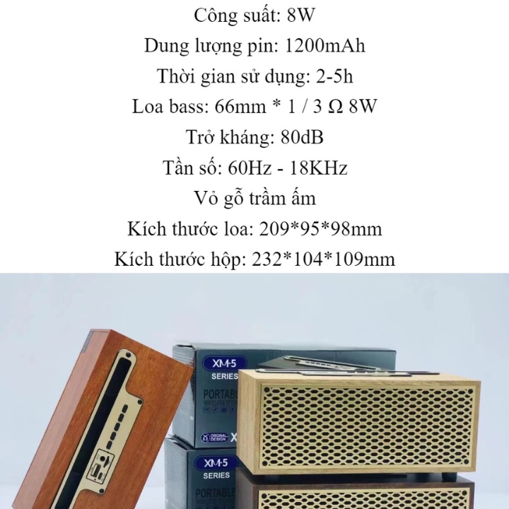 Loa bluetooth XM-5H Cổ Điển, Công Suất 8W, Bass Trầm Ấm, Có Khe Đỡ Điện Thoại, Hỗ Trợ Jack Cắm AUX - BH 12 Tháng