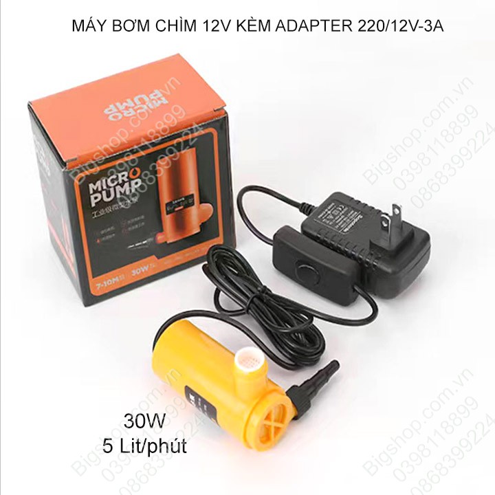 Máy bơm nước chìm mini 12V kèm adapter 220V/12V-3A