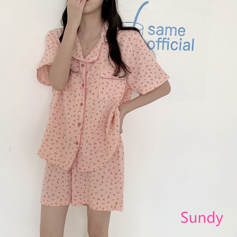 Bộ Đồ Ngủ Ngắn Tay Dáng Rộng In Hình Trái Cherry Thời Trang Mùa Hè Hàn Quốc Dành Cho Nữ