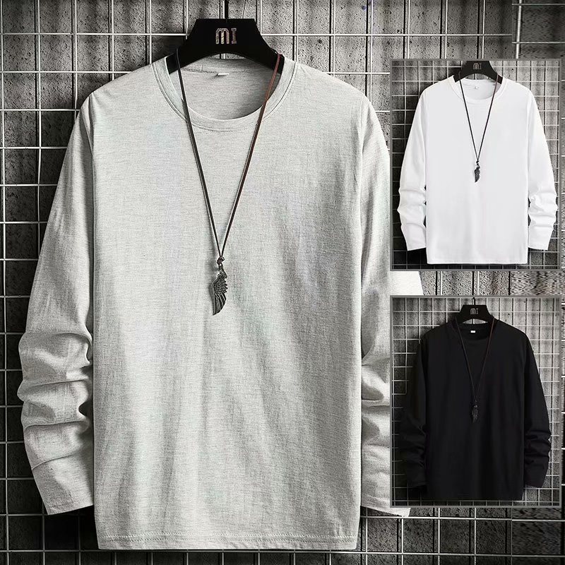 Áo thun trơn cotton 100% màu cơ bản dáng rộng cổ tròn tay dài cho nam