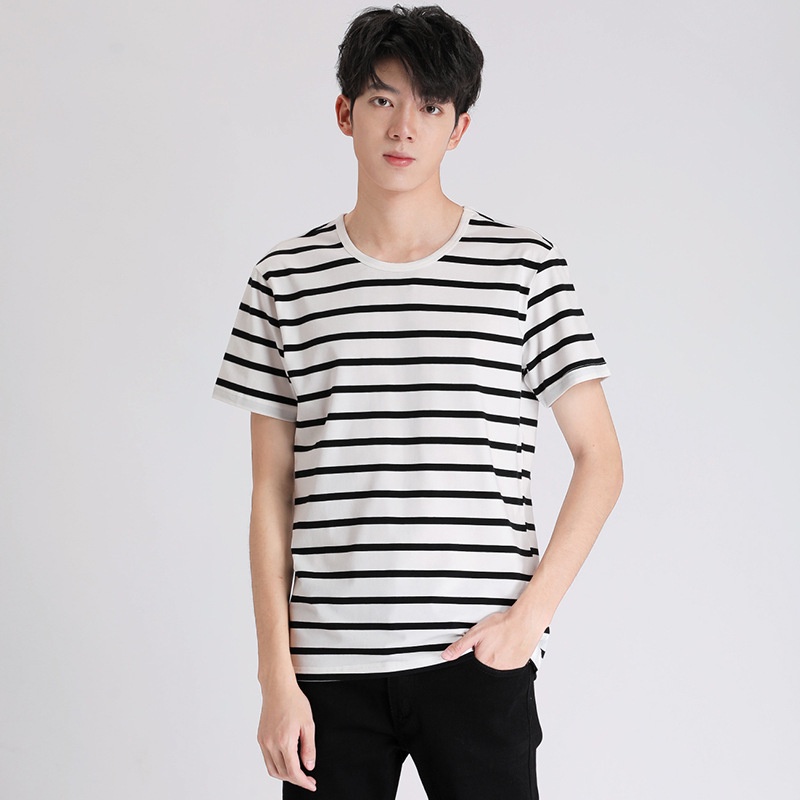 Áo thun IELGY tay ngắn cổ tròn kẻ sọc trắng đen thời trang cho nam