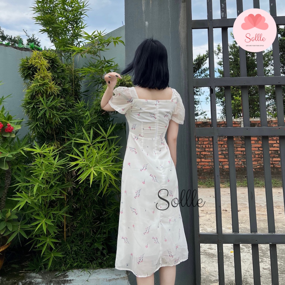 Váy hoa nhí dáng dài xẻ tà rút ngực Đầm trắng cổ vuông tay ngắn phồng du lịch hè Sollle