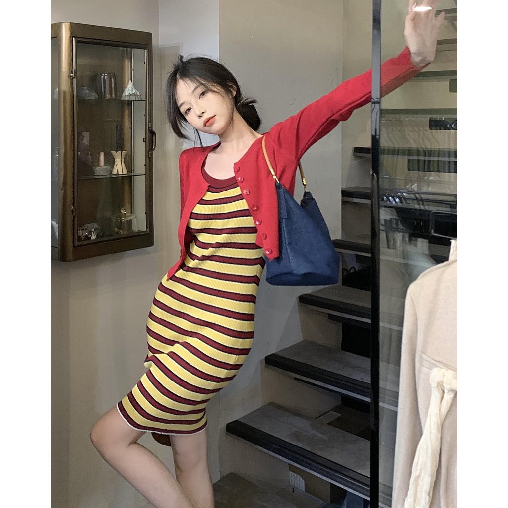 ZHELIHANGFEI Set Áo Cardigan Dệt Kim Dài Tay Và Đầm Hai Dây Họa Tiết Kẻ Sọc Phong Cách Quyến Rũ