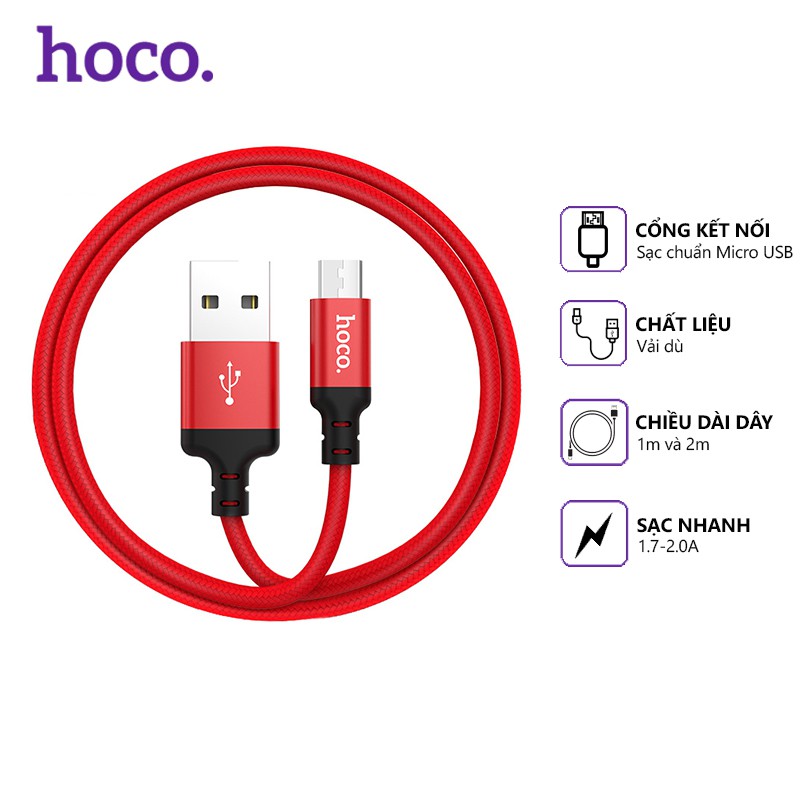 Cáp sạc nhanh Hoco X14 dây dù 2.0A, cổng kết nối Micro Usb, dài 1m