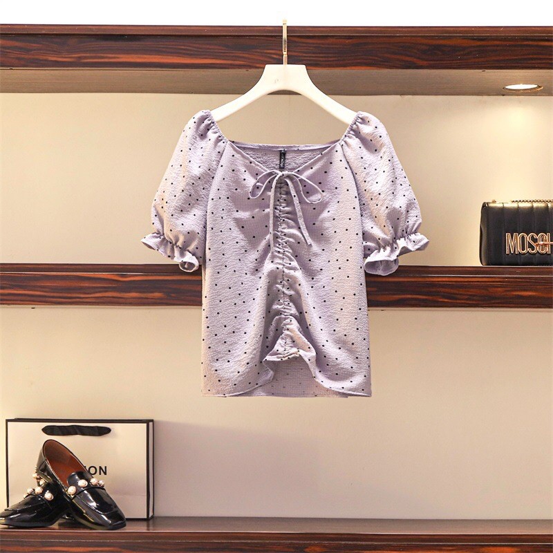 áo sơ mi kiểu big size vải dập chấm bi rút dây ngực tay phồng size 70-100kg