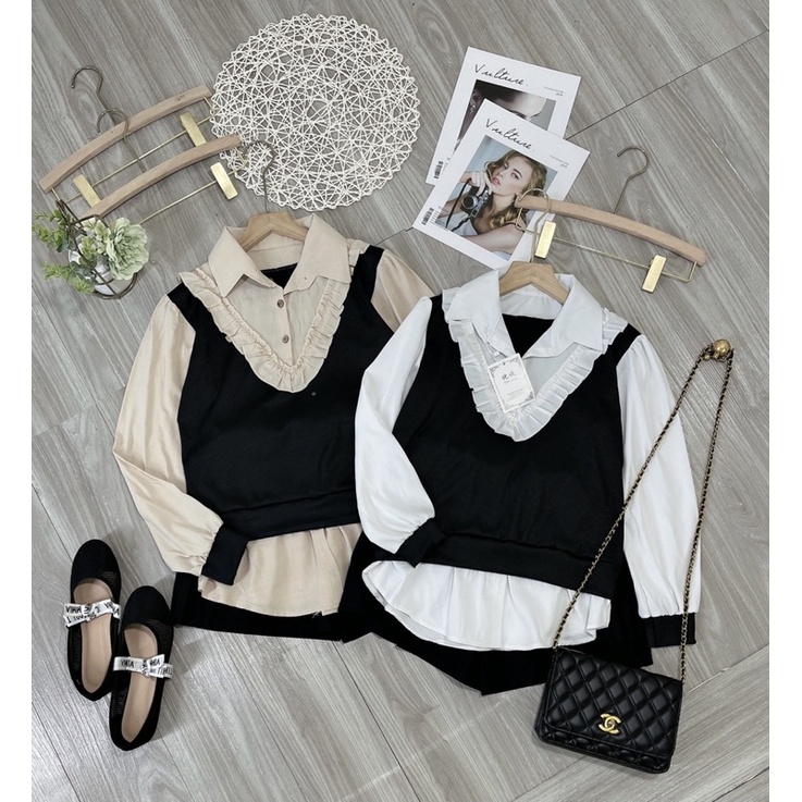 Set áo gile len tăm phối bèo mix quần sooc đùi giả váy