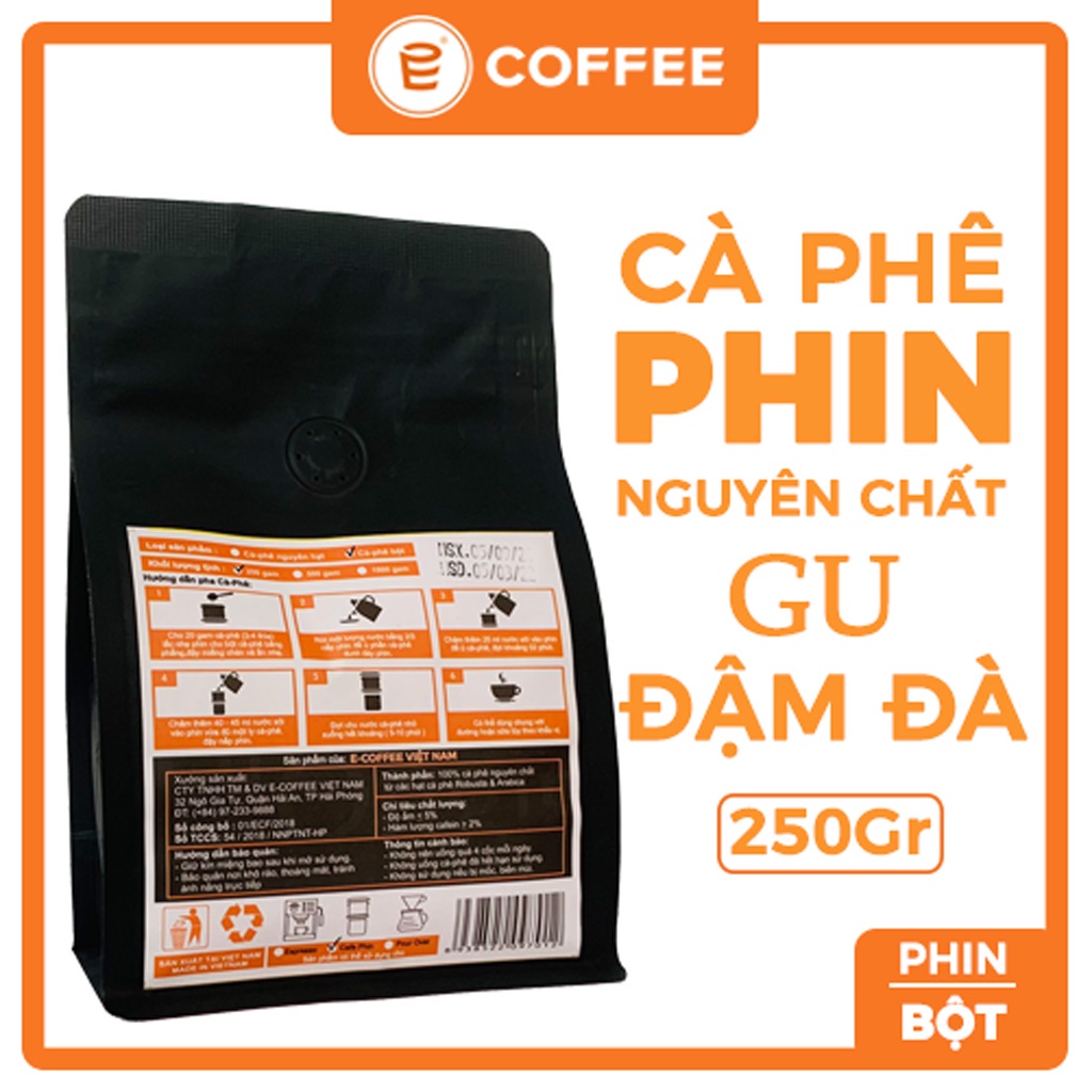 Cà phê cafe nguyên chất pha phin E COFFEE gói 250gr kèm 10 phin giấy tiện lợi, dòng cafe phin blend Robusta và Arabica