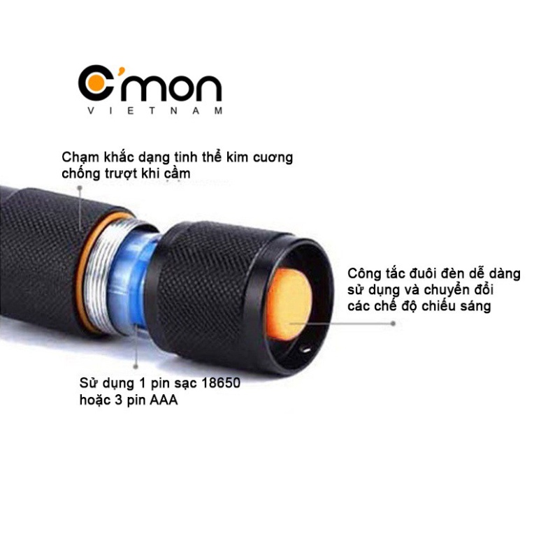 Bộ 1 đèn pin siêu sáng C'MON GUARD XML-T6 10w chiếu xa 500m + 1 pin sạc 18650 + 1 cục sạc (đen)