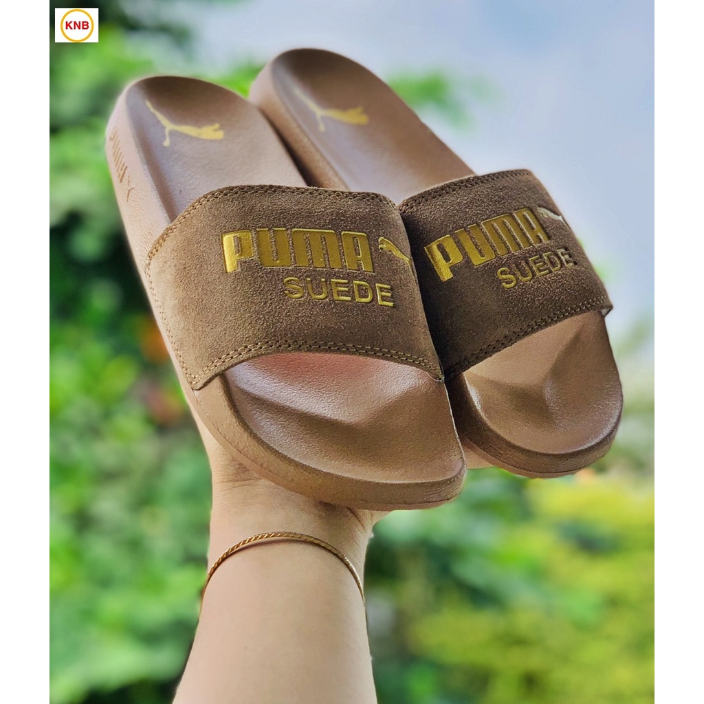 Dép 𝐏𝐔𝐌𝐀 ❤️FREESHIP + Hộp❤️ dép unisex 𝐌𝐋𝐁 quai ngang bóng chày thể thao nam nữ in PUMA da lộn, đế IP bền nâu đế nâu