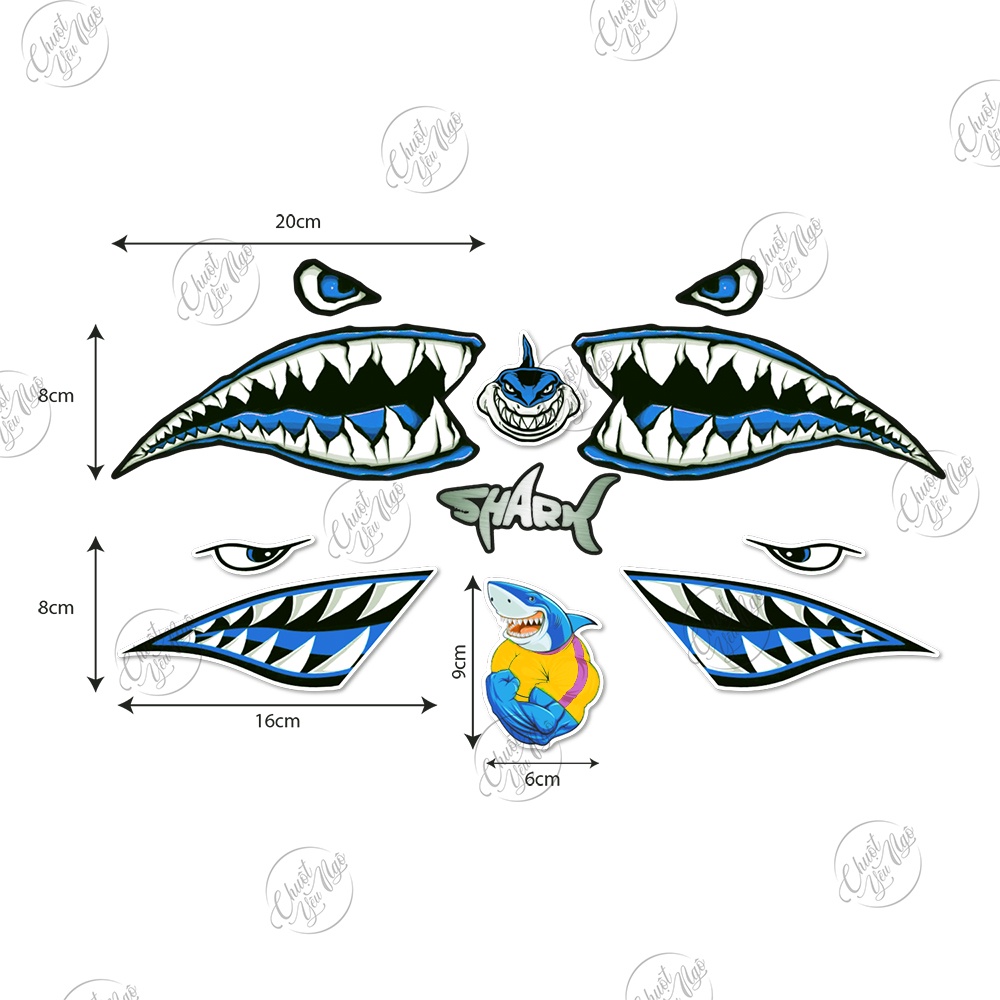 Bộ tem cá mập màu xanh dương hình dán decal nhám chống nước trang trí xe máy laptop nón bảo hiểm