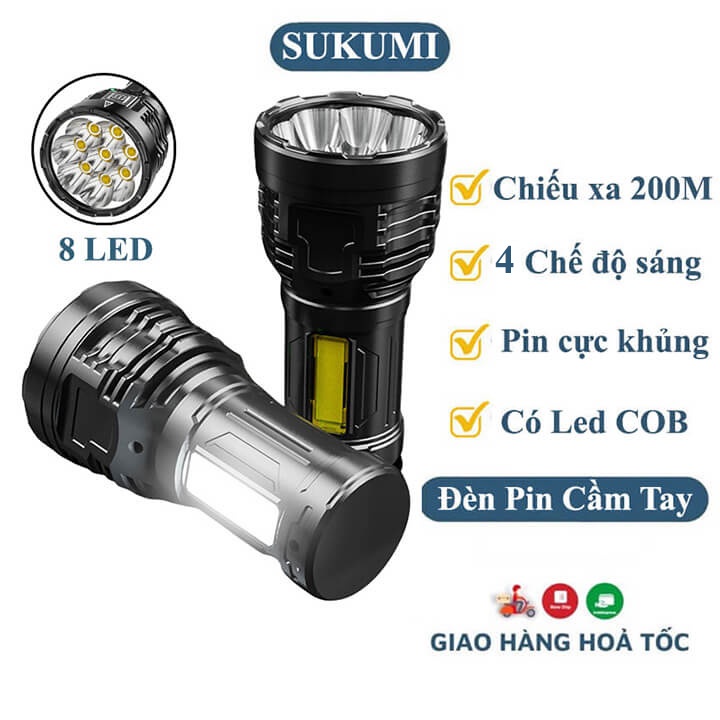 Đèn Pin Cầm Tay Siêu Sáng Chiếu Xa 200M 4 Chế Độ Sáng, Chống Thấm Nước, Đèn Pin Mini 8 Bóng LED Có COB Phụ