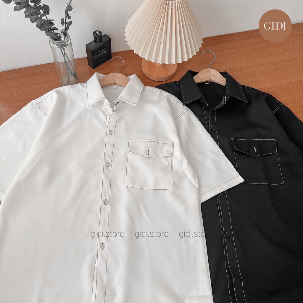 Áo Sơ mi chạy Viền Chỉ tay lỡ Nam Nữ Unisex form rộng - áo sơ mi OVERSIZE vải lụa không nhăn