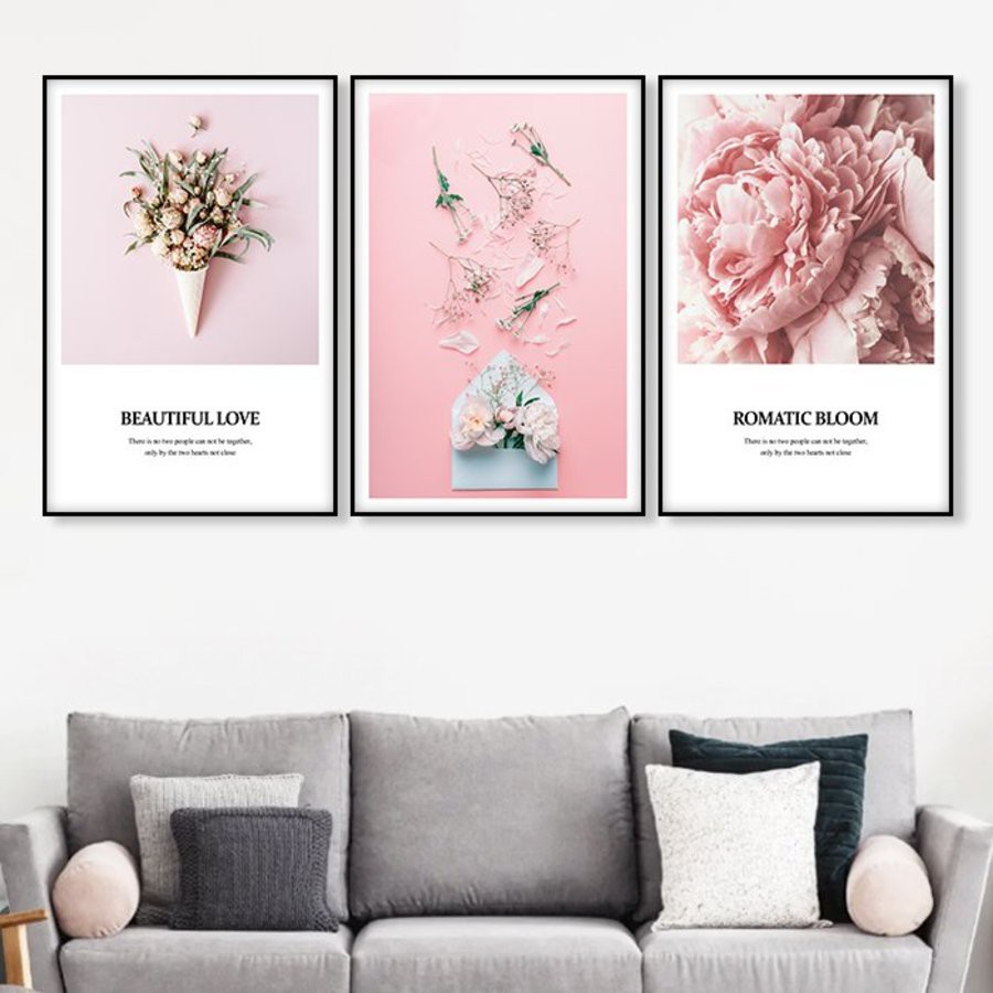 Bộ 3 tranh canvas treo tường trang trí Lala chủ đề hoa hồng trang trí phòng khách kèm đinh 3 chân đa năng