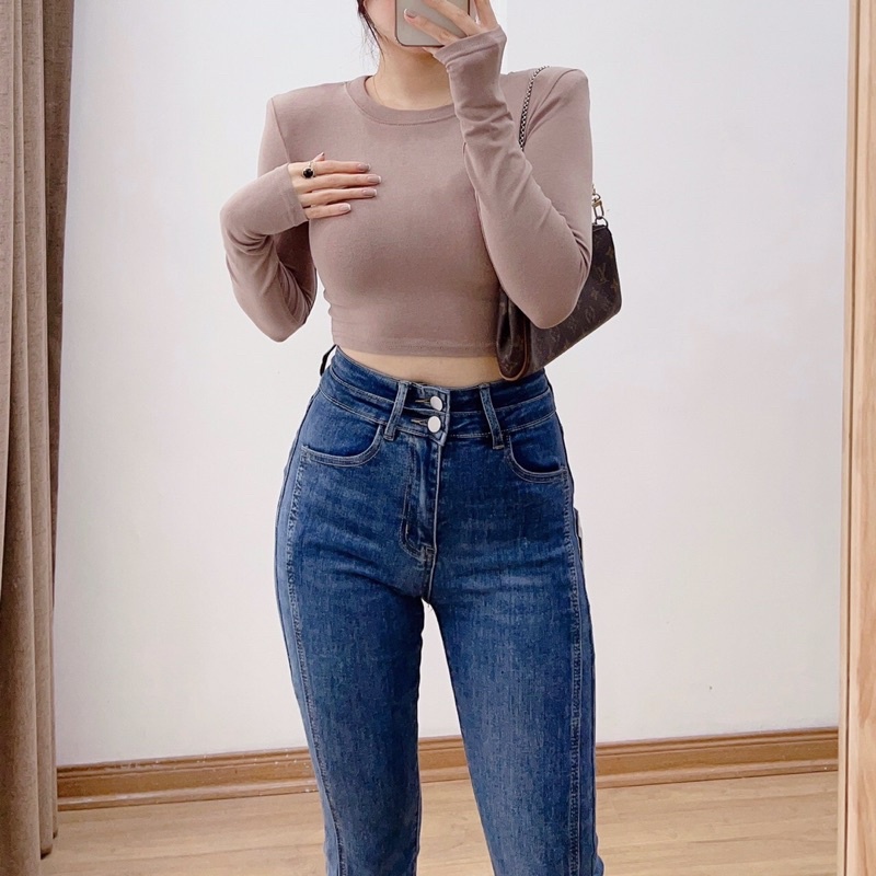 ( Ảnh thật ) 1127 Áo croptop cổ tròn tay dài